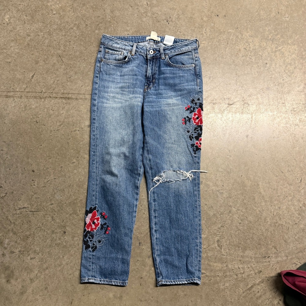 H&M L.O.G.G. Womens Floral Embroidered Straight Leg Distressed Jeans Blue Size 6